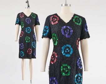 Black Floral Beaded Dress 80s Vintage Short Sleeve Sequin Silk Party Cocktail Dress size M