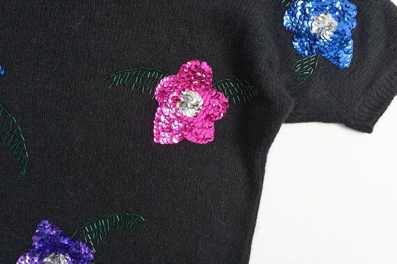 Cute Black Floral Beaded Sweater 80s Vintage Silk… - image 8