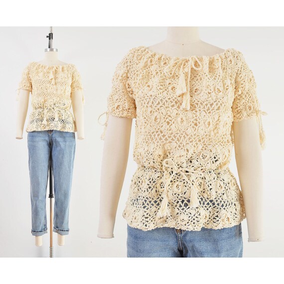 Cream Crochet Top size S M | 70s Vintage Boho Flo… - image 1