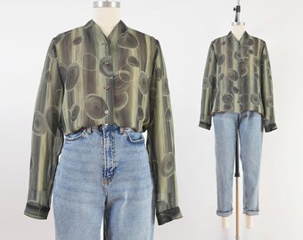 Vintage 90s Y2K Green Sheer Silk Blouse size M L | Striped Polka Dot Watercolor Button Down Top