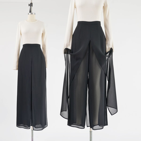 Black Sheer Layered Pants 90s Vintage Minimal Goth High Waisted Split Maxi Skirt Palazzo Pants size M