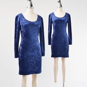 90s Blue Velvet Dress size S M | Vintage Stretchy Knit Mini Dress Scoop Neck Long Sleeve Fitted BodyCon Dress