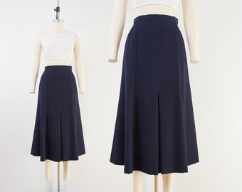 JAEGER Navy Wool Skirt | 80s Vintage Academia A-line Pleated Front Midi Length Skirt size 25 25.5 waist