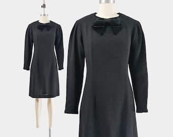 Vintage Laura Ashley Black Wool Dress Puff Sleeve Long Sleeve Sheath Dress with Velvet Bow