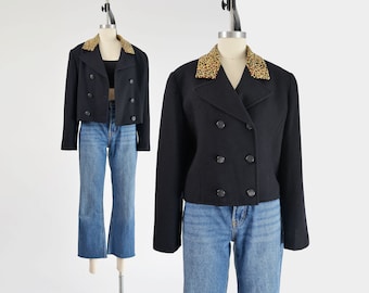 Vintage 80s Black and Leopard Wool Jacket Animal Print Velvet Collar Double Breasted Cropped Jacket size Medium