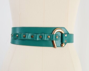 Teal Green Leather Belt | Vintage 80s Wide Statement Belt Cinch Waist or Hip Belt size S M