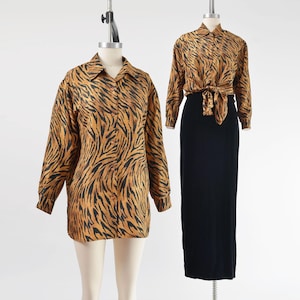 Tiger Print Silk Shirt size Small | 90s Vintage Animal Print Blouse Loose and Oversized Fit Collared Button Down Top