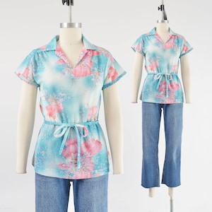 70s Floral Knit Top size Small | Vintage Pastel Blue and Pink Sheer Boho Shirt Cap Sleeve Collared Top with Tie Belt