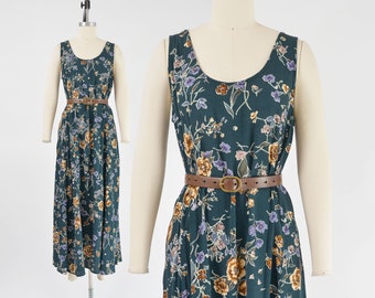 Green Floral Maxi Dress | 90s Vintage Sleeveless Tank Botanical Cottagecore Long Sundress size S M