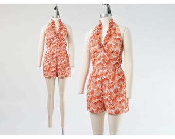 Vintage 70s Floral Halter Romper, Orange White Ruffle Playsuit, Boho Retro Summer High Waisted Shorts Jumper Small