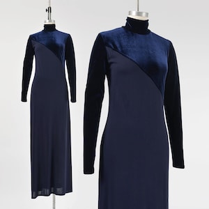 Vintage 90s Navy Velvet Mock Neck Maxi Dress size XS S