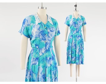 Vestido midi vintage de los años 80 y 90 color verde azulado con estampado floral / Vestido de té con estampado floral en acuarela azul y cuello de encaje blanco / Vestido romántico de verano para picnic Talla XS