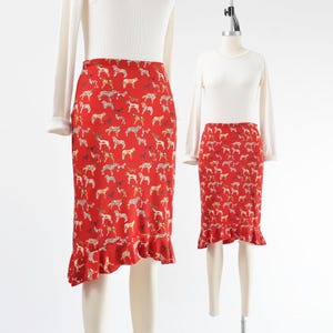 Dog Print Esprit Skirt size XS S | Vintage Y2K Red Novelty Print Stretchy Knit Skirt with Ruffle Hem