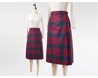 70s Wool Plaid Skirt XS S | Scottish Tartan Kilt Plaid Wrap Skirt | Burgundy Purple Midi Skirt Made in UK