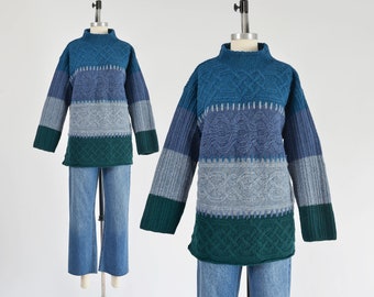 Color Block Striped Wool Sweater 90s Vintage Funnel Neck Cable Knit Sweater Green and Blue size S M