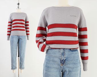 Izod Sweater | 80s Vintage Acrylic Knit Boatneck Striped Sweater Gray and Burgundy size XS S