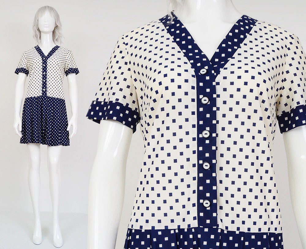 NAVY /& WHITE POLKA DOT RUFFLE MOD DRESS 60/'s RETRO VINTAGE MINI TWIGGY WHO SOUL