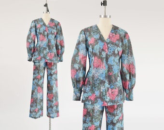 Floral Pant and Blouse Set 70s Vintage Semi Sheer Lurex Knit Tunic High Waist Pantsuit 2 pc Outfit size M 8