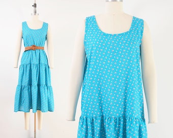 Blue Floral Dress | 80s Vintage Sleeveless Prairie Dress Dropped Waist Full Tiered Sundress size Medium