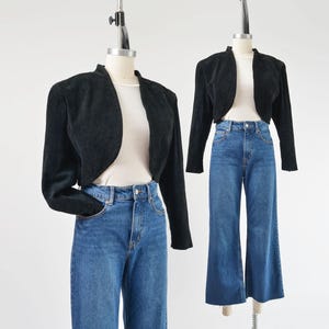 Black Suede Bolero Jacket size M L | Vintage 80s Open Front Cropped Leather Jacket