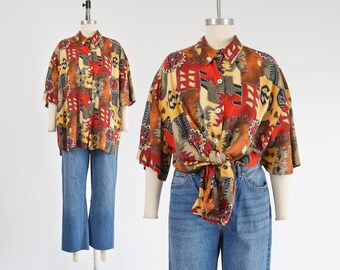 Southwestern Shirt 90s Vintage Native Ethnic Oversized Fit Collared Button Down Blouse size L XL