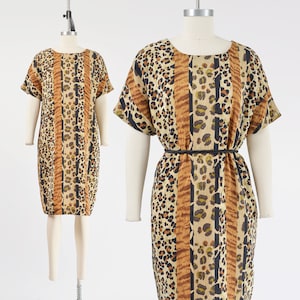 Vintage 90s Striped Animal Print Dress Silk Sheath Dress 1990s Short Sleeve Leopard Dress Brown and Black size M L
