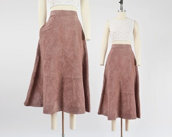 Vintage Mauve Brown Suede Skirt High Waisted Full A-line Leather Midi Skirt with Pockets size S