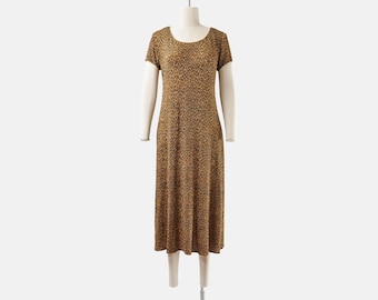 90s Leopard Print Dress S M | Vintage Glitter Animal Print Midi Dress Slinky Stretch Dress Small Medium