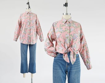 Pink Floral Shirt 90s Vintage Oversized Fit Cotton Flannel Cute Cottagecore Button Down Blouse size S M