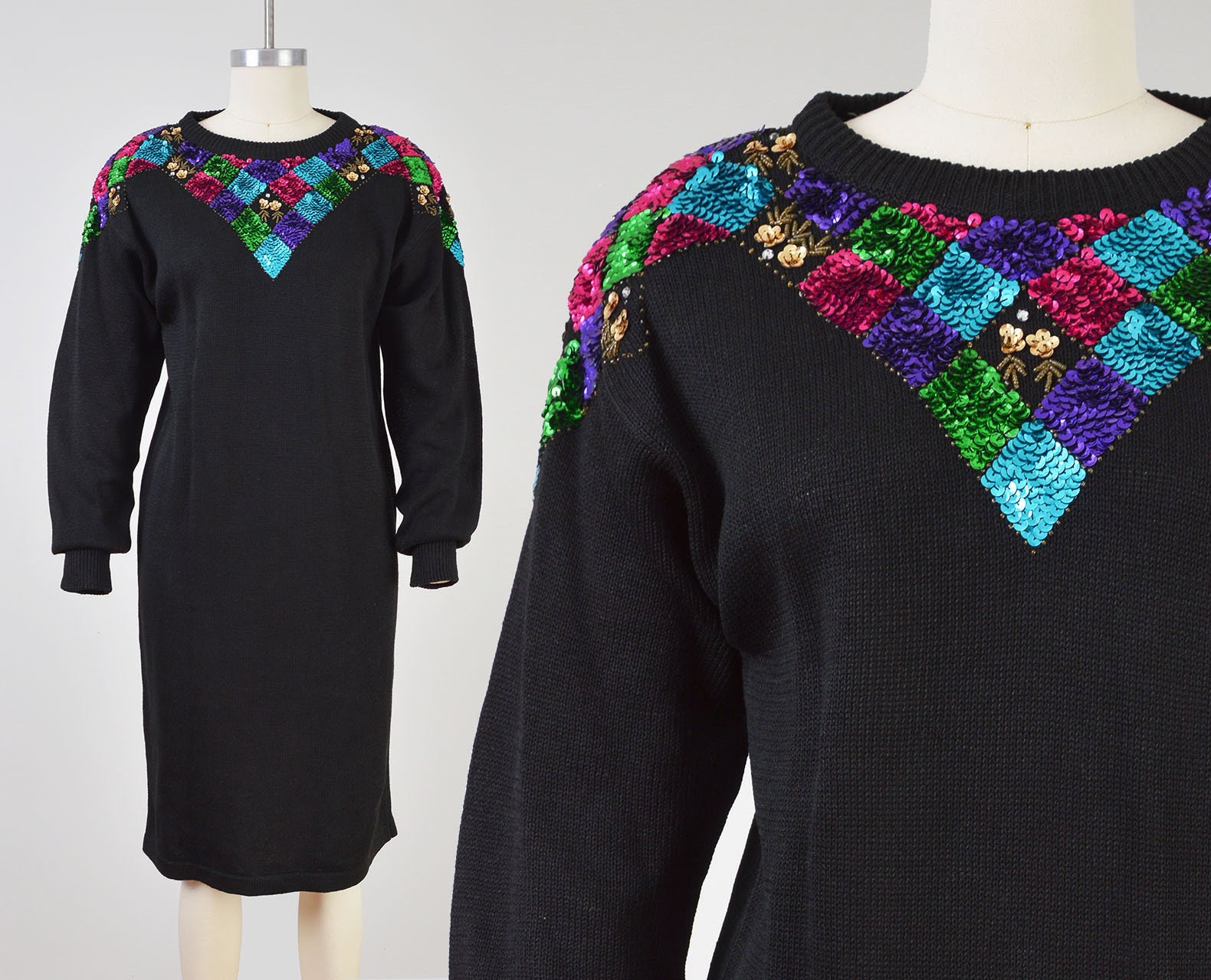 Vintage 80s Black Sweater Dress Sequin 