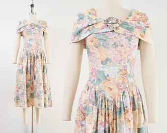Pastel Floral Dress | 80s Vintage Romantic Cottagecore Full Skirt Shawl Neck Cotton Dress size XS S