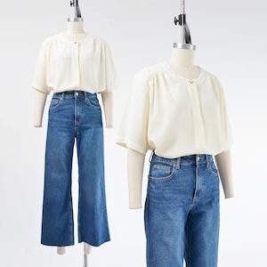 Vintage 90s Cream Embroidered Blouse size Large | Minimal Romantic Floral Blouson Short Sleeve Top