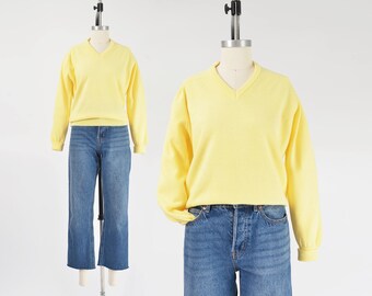 70s Lemon Yellow Sweater Vintage V Neck Raglan Sleeve Acrylic Knit Pullover Sweater size M