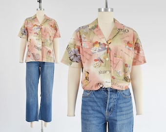Tropical Vacation Print Shirt 80s Vintage Cotton Novelty Print Button Down Short Sleeve Blouse size S M