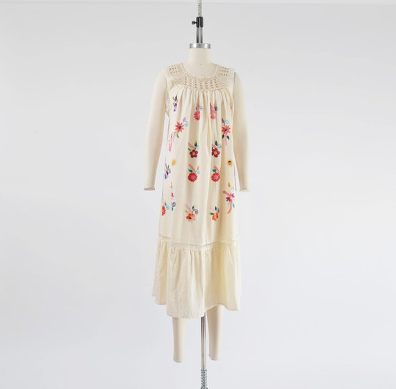 Cream Cotton Gauze Dress 70s 80s Vintage Mexican … - image 2