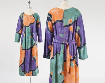 Abstract Batik Print Maxi Dress 90s Vintage Long Sleeve Boho Rayon Market Dress size M