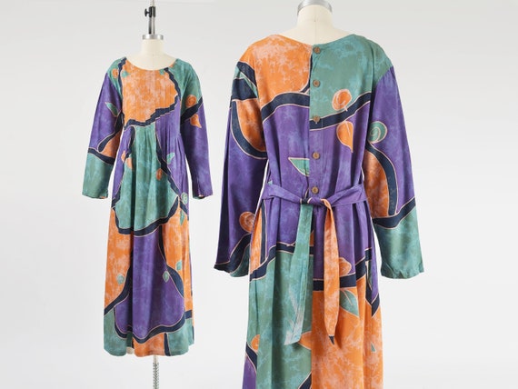 Abstract Batik Print Maxi Dress 90s Vintage Long … - image 1