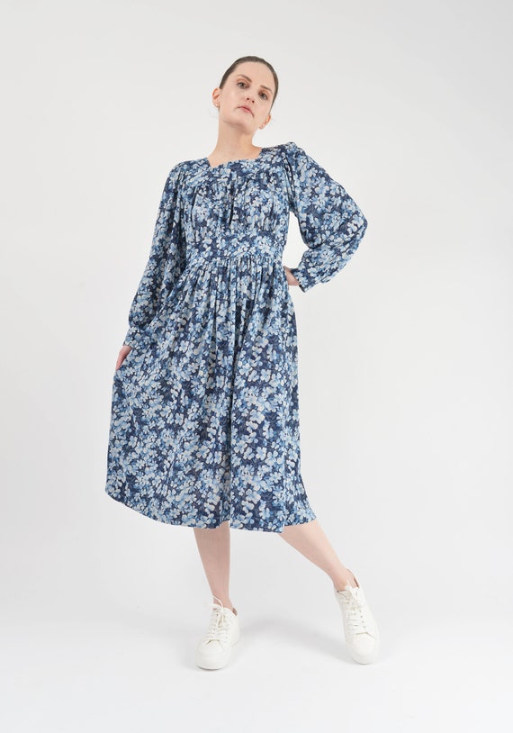 Blue Floral Dress size S M | 70s Vintage Jersey K… - image 3