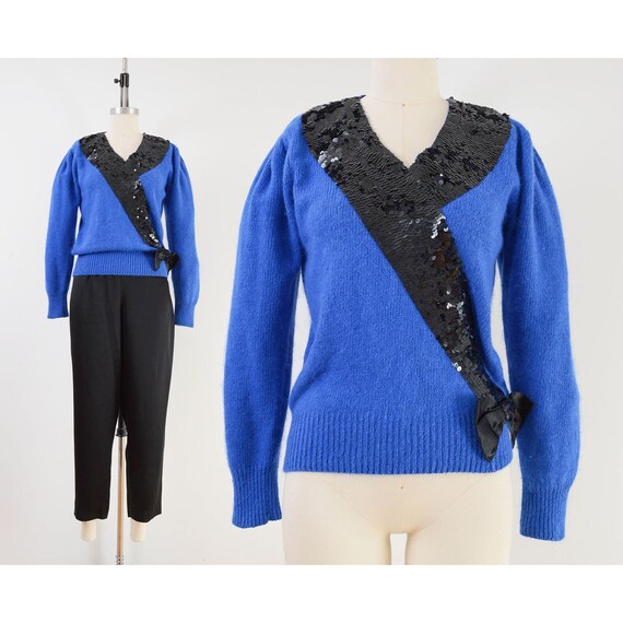 Blue Silk Angora Sweater Vintage 80s Sequin Sweat… - image 1