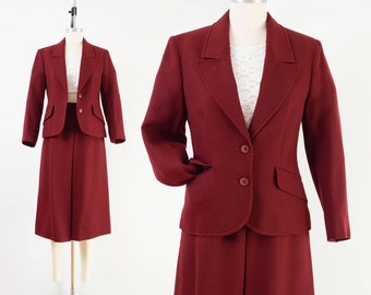 Burgundy Wool Suit | 80s Vintage Fitted Blazer and A-line Pleated Front Midi Skirt Two Piece Suit 25 waist