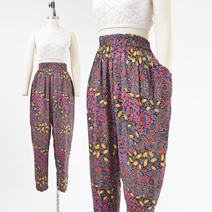 Boho Abstract Print Pants size XS S | 90s Vintage Airy Gauze Elastic Waist Pants Tapered Leg Harem Pants