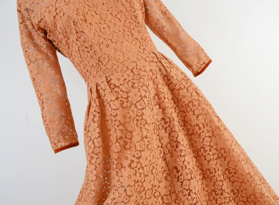 Vintage 50s Golden Brown Sheer Lace Dress Dolman … - image 6