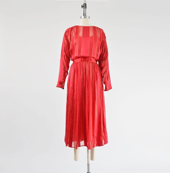 Red Striped Silk Satin Dress 80s Vintage Metallic… - image 2