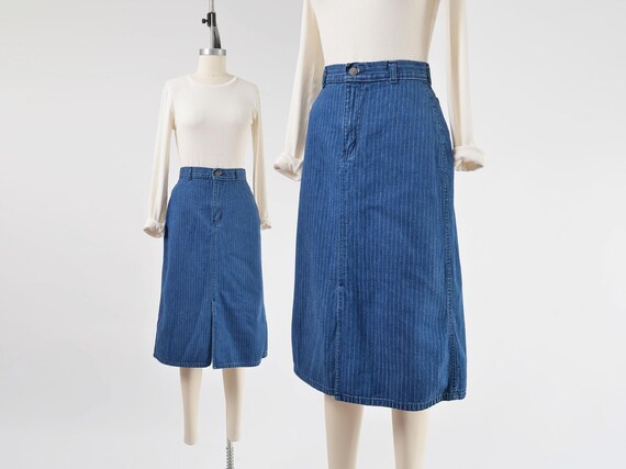 Denim Pin Stripe Skirt Size XS S Vintage High Waisted Jean Skirt