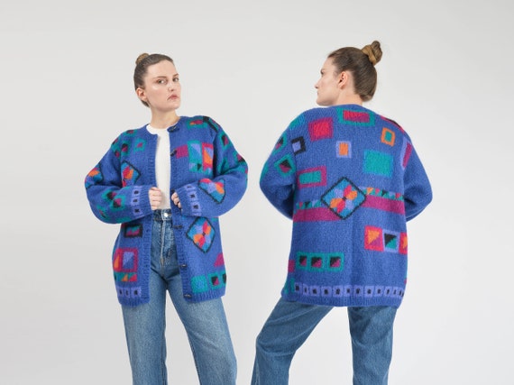 Vintage LL Bean Blue Geometric Cardigan Wool Mohair Toggle Button Down Sweater Size M Etsy Canada