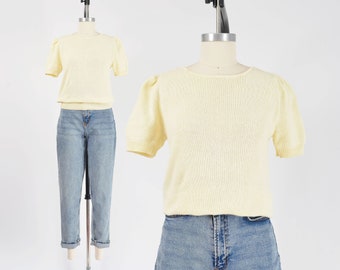 Vintage 80s Light Yellow Sweater size XS | Cotton Knit Top with Short Puff Sleeves