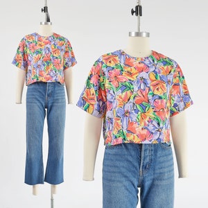 Colorful Floral Blouse size Small | Vintage 90s Silky Painterly Print Short Sleeve Cropped Shirt Boxy Crop Top