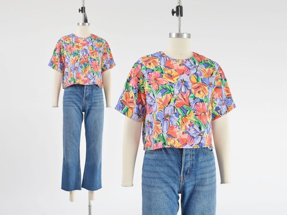 Colorful Floral Blouse 90s Vintage Silky Painterl… - image 1