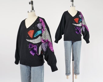 Black Beaded Batwing Sweater Vintage 80s Angora Lambswool Knit Top size S M