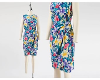 Silk Sarong Dress 90s Vintage Tropical Floral Silk Faux Wrap Hibiscus Print Cocktail Dress Summer Party Sun Dress size S M